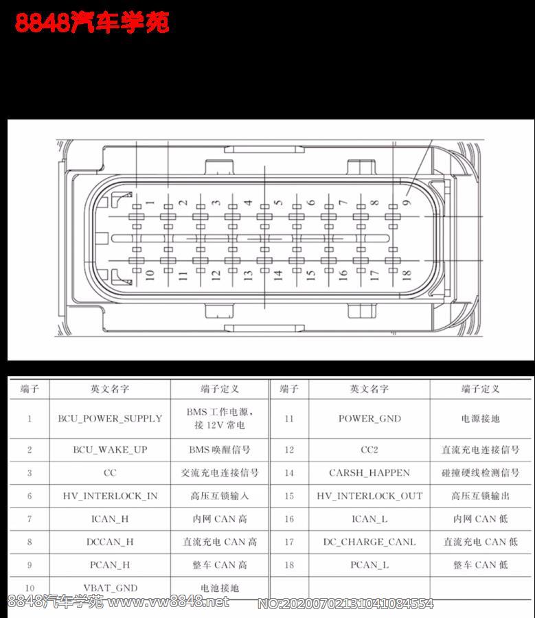 长安奔奔EV高压蓄电池管理系统连接端子图18针 